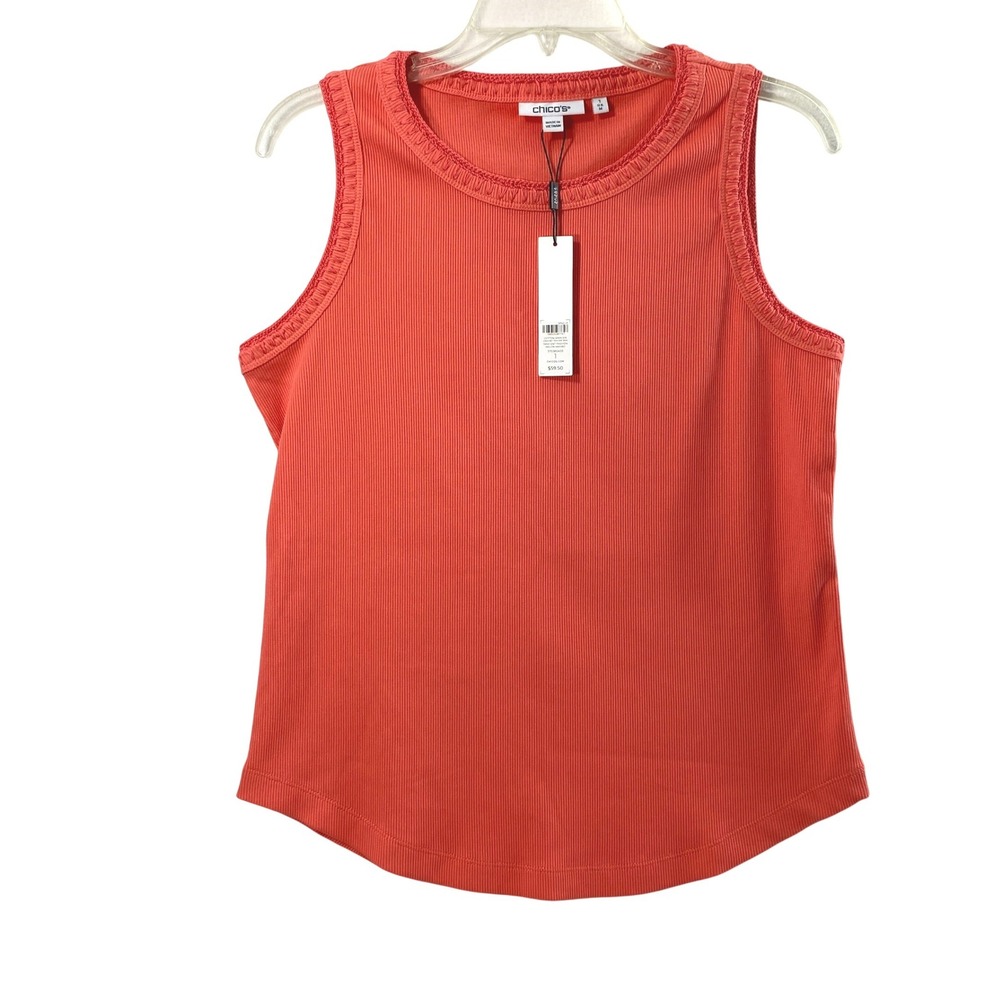 Chico's Tank Top Womens 1 M Melon Mambo Crochet Trim Ribbed Knit Summer Staple